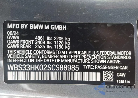 2025 BMW M4 Competition xDrive z USA, uszkodzony, nr VIN WBS33HK02SCS88985